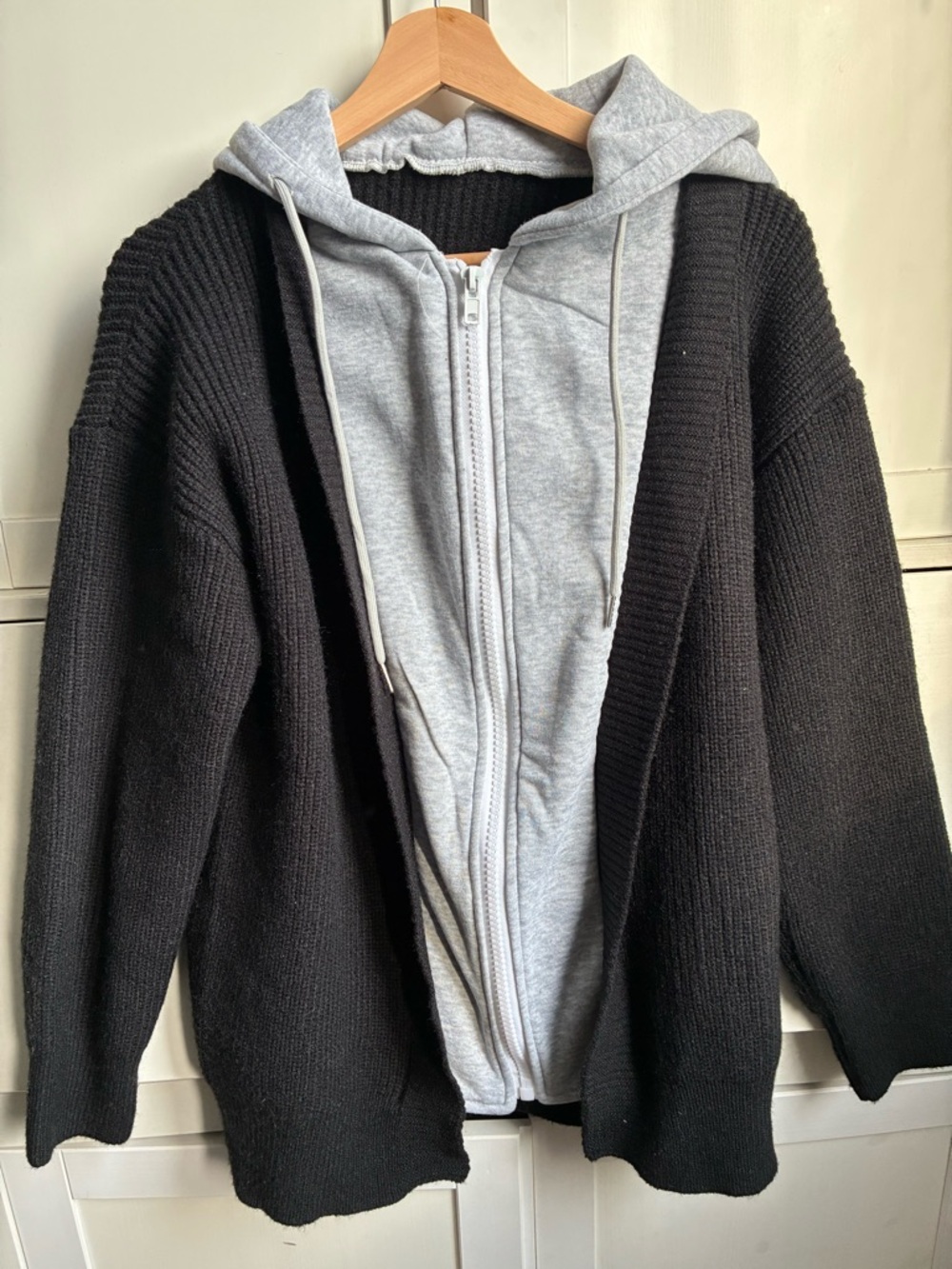 Men's Black Knit Cardigan with Light Gray Attached Hoodie